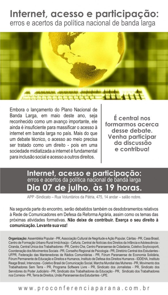 Debate: internet, acesso e participação - quarta-feira, 19 horas, APP Sindicato